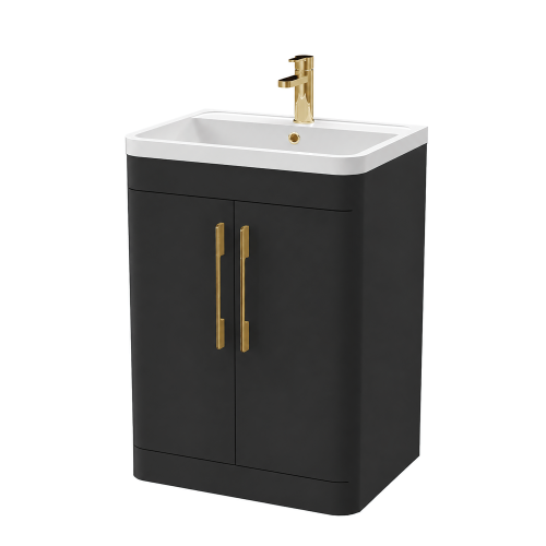 Roma 600mm Anthracite Gloss Floor Standing 2 Door Cabinet & Polymarble Basin (Brushed Brass Handles)