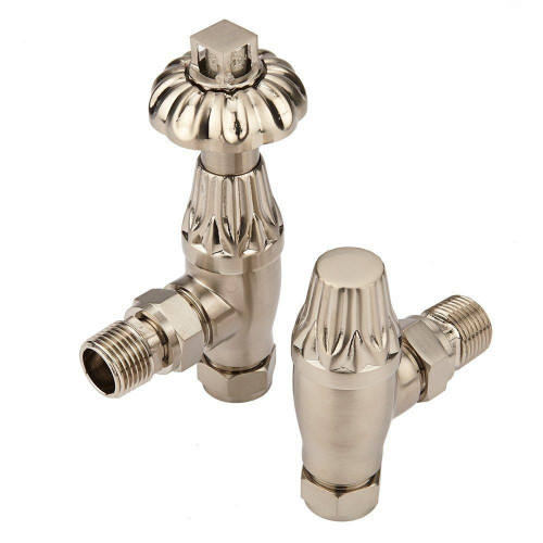 Westminster Traditional TRV Angled Radiator Valves 15mm Pair - Satin Nickel