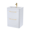 Roma 600mm White Gloss Floor Standing Cabinet & Polymarble Basin (Brushed Brass Handles)