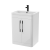 Roma 600mm White Gloss Floor Standing 2 Door Cabinet & Polymarble Basin (Matt Black Handles)
