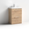 Nuie Arno Bleached Oak 600mm Floor Standing 2 Drawer Vanity Unit & Basin